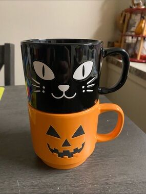 Black Cat & Jack O Lantern Ceramic Coffee Mugs Set